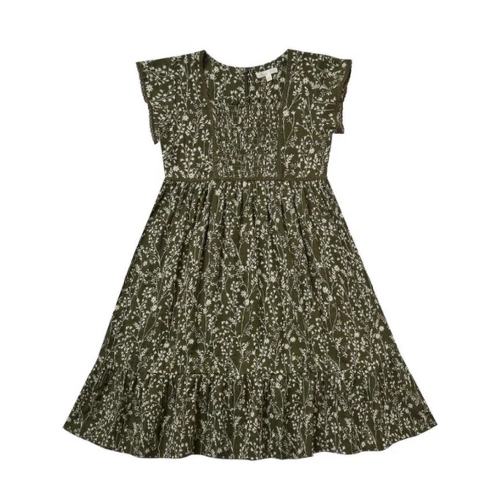 VINES MADELINE DRESS Rylee + Cru Olive Green Dress with Cream Floral Pattern